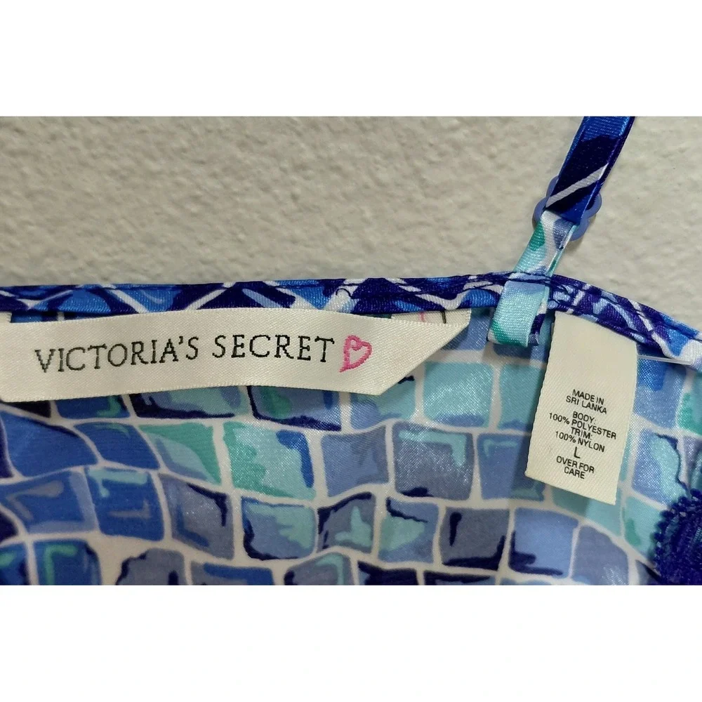 Vtg 90s Victoria's Secret Heart Tag Blue Mosaic Satin Lace Chemise L